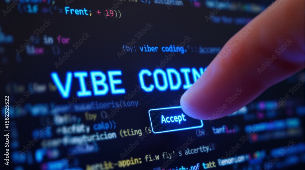 Poster finger touching screen with code, highlighting 'vibe coding' and 'accept' button.