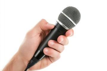 Hand holding a microphone against a white background.  Close-up view of the microphone's head, body, and a hand gripping it.  A cord is attached to the bottom of the microphone