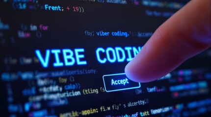 Naklejka na ściany i meble Finger touching screen with code, highlighting 'vibe coding' and 'accept' button.