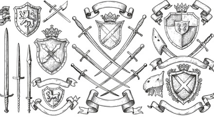 Medieval heraldry shields and swords engraved collection with banners and crests