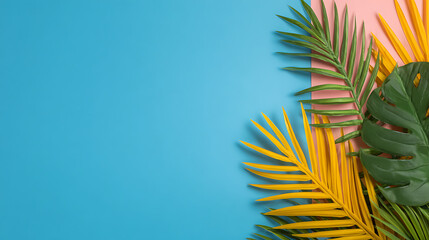 Tropical bright colorful background with exotic painted tropical palm leaves. Minimal fashion summer concept. Flat lay. 36302603 1
