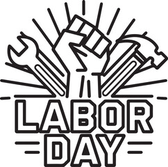 Fototapeta premium Labor Day Outline Illustration with Tools, Fist, and Sunburst Design