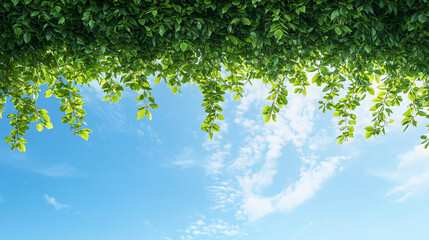 Green leafy branches hang down against a clear blue sky with scattered white clouds.