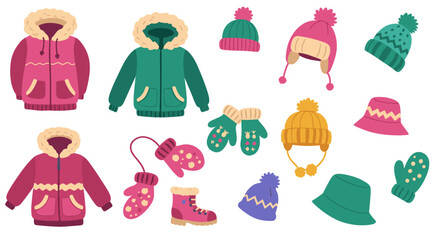 Cozy winter apparel collection with hats, gloves, and jackets in vibrant colors