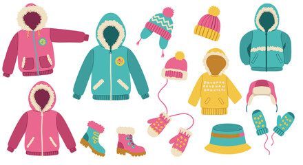 Colorful winter apparel collection featuring hoodies, hats, boots, and mittens in flat style