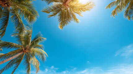 Looking up at blue sky and palm trees, view from below, vintage style, tropical beach and summer background, travel concept 74177992 1