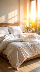 Sunny bedroom with white bedding