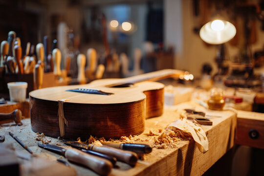 A luthier carefully applies a layer of warm amber lacquer to a semi-finished guitar body using a natural bristle brush. A glossy reflection begins to appear on the wood surface.
