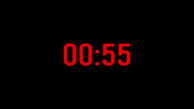 One minute countdown timer, sliding number animation, counting from one minute to zero, digital clock, 60 second scrolling countdown on black background.
