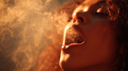Smoke with a golden hue fills the left side of the image, creating an abstract and textured pattern. The right side of the image is a plain, solid brown color.
