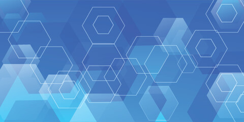 Abstract background featuring overlapping, transparent hexagons in various shades of blue.