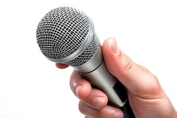 A hand holding a microphone against a white background.  Close-up view of the microphone's metallic grille and body.  The hand is light-skinned, fingers gripping the microphone