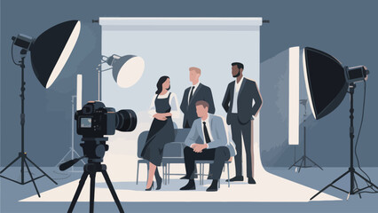 Group of Professionals Posing Together for a Studio Photoshoot with Cameras and