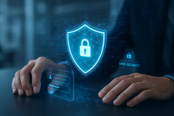Cybersecurity technology interface with lock shield, password access field and futuristic digital background for data privacy, protection, online identity and secure login system