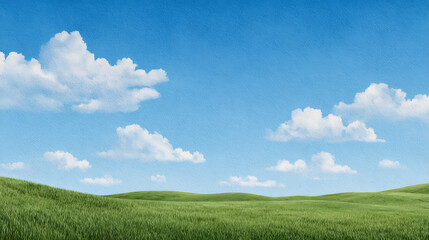 Obraz premium Abstract summer landscape watercolor background with blue sky, white clouds and green field. Watercolor illustration for interior, flyers, poster, cover, banner. Modern gradient painting by 73067336 1