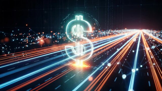 glowing dollar sign stands central on a digital highway of light trails and data points, for financial technology, cryptocurrency, fast money transfer, and the digital economy
