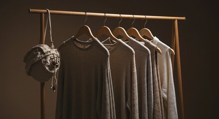 Warm Neutral Sweaters Hanging on Wooden Clothing Rack in Cozy Indoor Setting