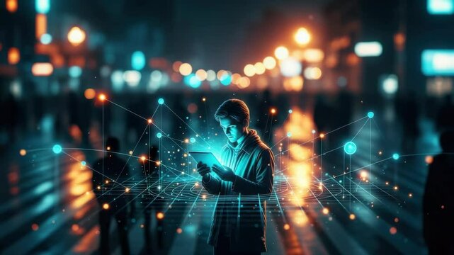 person stands amidst a bustling, blurry city night, interacting with a glowing digital tablet that projects a network of interconnected lines and nodes, for smart city technology and global connectivi - Powered by Adobe