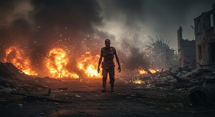 Post-Apocalyptic Landscape: A Solitary Figure Amidst Destruction and Fiery Aftermath