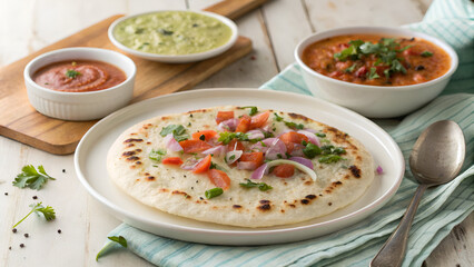 South Indian Vegetable Uthappam with Onions and Tomatoes – Served with Chutneys and Sambar