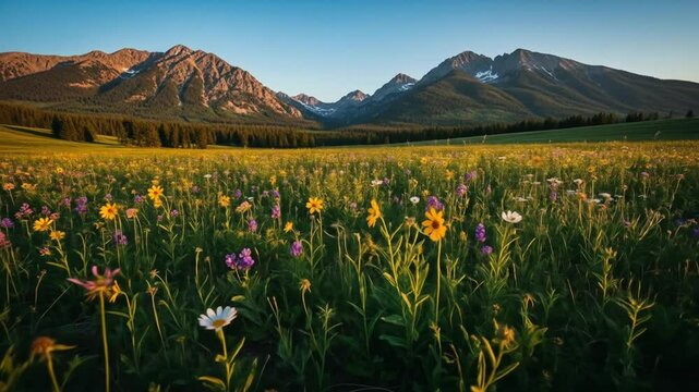 Wildflower Meadow at Sunset in the Mountains