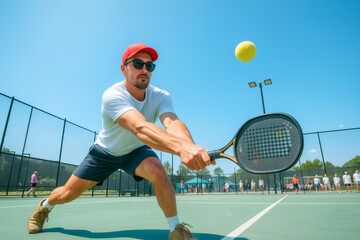 Man Playing Pickleball Outdoors with Racket on a Sunny Day