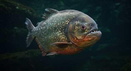 Fototapeta premium Piranha portrait in underwater environment with sharp teeth and reddish eyes looking menacingly