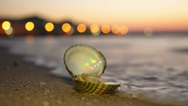 A seashell on a beach illuminated by a sunsets soft glow with blurred lights in the distance