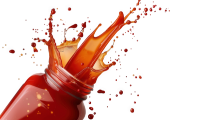 Splashes of Tomato Ketchup from Glass Bottle on Transparent Background