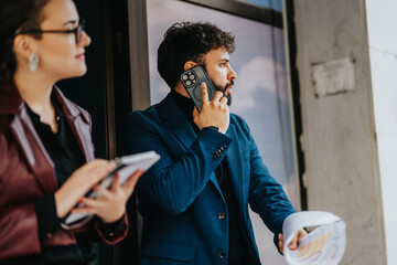 Business professionals in formal attire discussing plans, holding documents, and using phones....