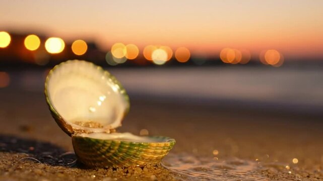 A seashell sits open on a sandy beach with soft waves under a blurred sunset sky dotted with lights