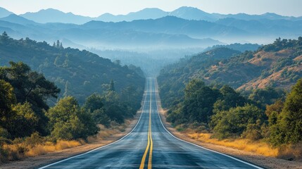 Fototapeta premium Misty Mountain Road Through Scenic Forest