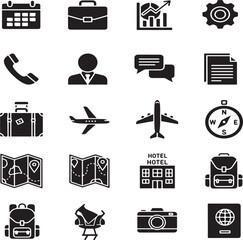 Vector black business and finance icon set with travel, computer, car, hotel, camera, money, and silhouette symbols