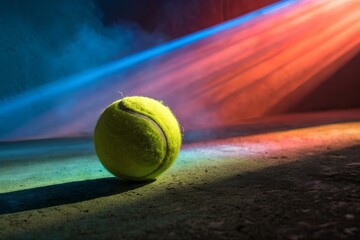 Tennis ball floating above multicolored glowing surface with vibrant light beams, highlighting motion, tension, and vibrant visual contrast