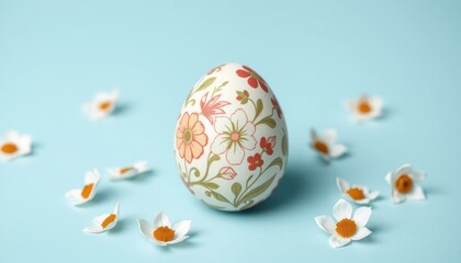 Fototapeta premium Decorative Easter Egg with Floral Design and Flowers on a Light Blue Background