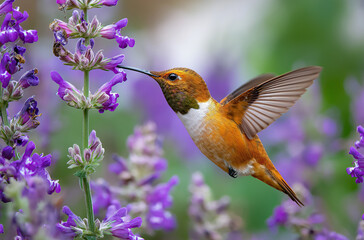 Fototapeta premium A hummingbird hovering near purple sage, its wings and beak visible as it drinks nectar