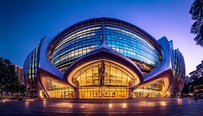 Naklejka premium Futuristic Metallic Concert Hall with Mirrored Surfaces and Illuminated Accents