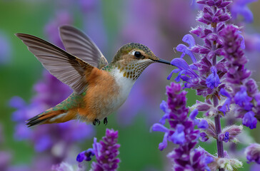 Fototapeta premium A hummingbird hovering near purple sage, its wings and beak visible as it drinks nectar