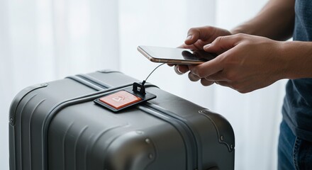 Person charging phone from suitcase. Travel luggage with built-in power bank. Black suitcase with power bank. Person using smartphone. Travel accessories. Portable power. Suitcase with USB