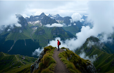Hiker Overlooks Mountain Scenery