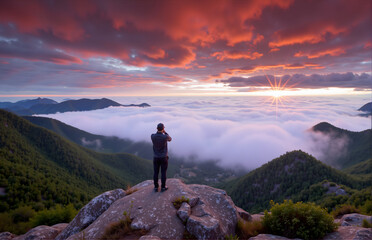Fototapeta premium Watching Sunrise and Sea of Clouds on Mountain Top