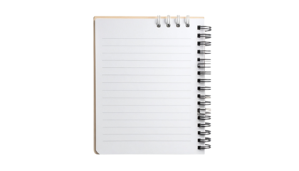 Notepad with visible paper texture and soft drop shadow, slightly curled edges or spiral binding for added realism. Isolated on a transparent background