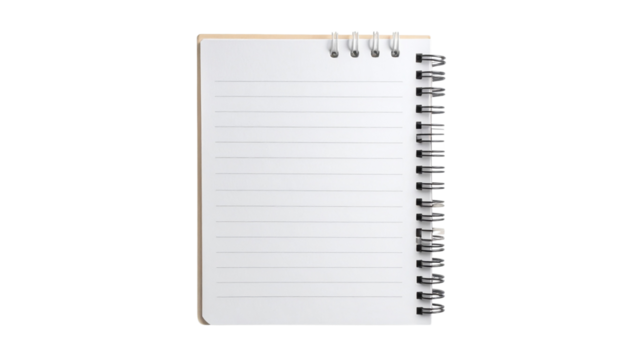Notepad with visible paper texture and soft drop shadow, slightly curled edges or spiral binding for added realism. Isolated on a transparent background