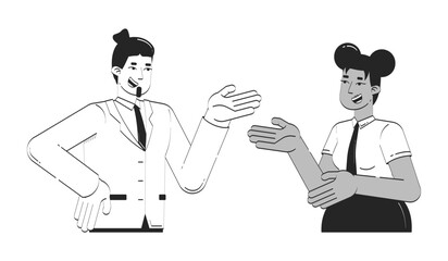 Diverse office colleagues engaged in friendly conversation doodle linear characters. Business dialogue. Positive coworkers 2D vector outline people isolated. Hand drawn drawing illustration monochrome