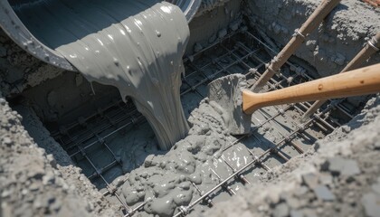Pouring fresh concrete into footing form with rebar reinforcement preparation