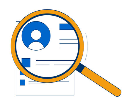 Magnifying glass focused on resume document 2D doodle object. Loupe zoomed in on CV curriculum vitae cartoon element flat vector clipart isolated on white background. Hand drawn illustration