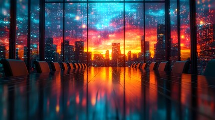 Vibrant cityscape with holographic business presentation over conference table