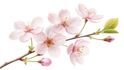 Naklejka premium A delicate branch adorned with pale pink blossoms against a pristine white backdrop in a close up view