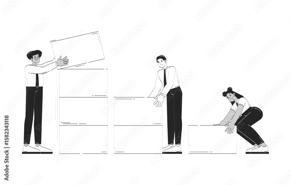 Poster data analytics team building dataset doodle line illustration concept. data visualization. analysts 