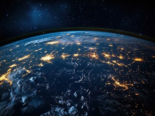 Fototapeta premium Earth Night View from Space: Showing Vast Universe and City Lights